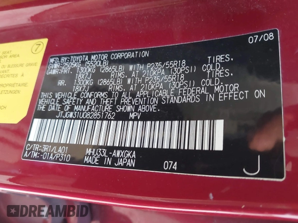 2008 Lexus RX 400h with VIN JTJGW31U082851762, listed as a IAAI auction lot 41232400 with 104,326 mi miles and . Bid and sale history available at DreamBid. Image 9.