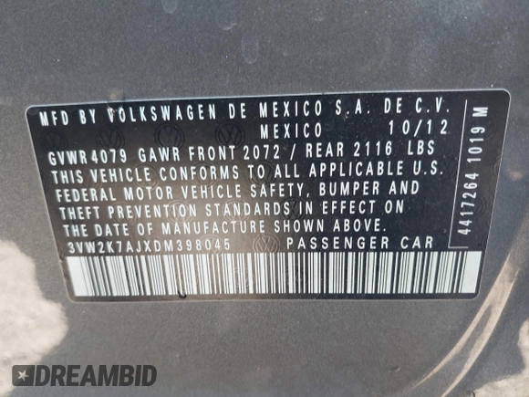 2013 Volkswagen Jetta S with VIN 3VW2K7AJXDM398045, listed as a IAAI auction lot 42712389 with 151,595 mi miles and . Bid and sale history available at DreamBid. Image 9.