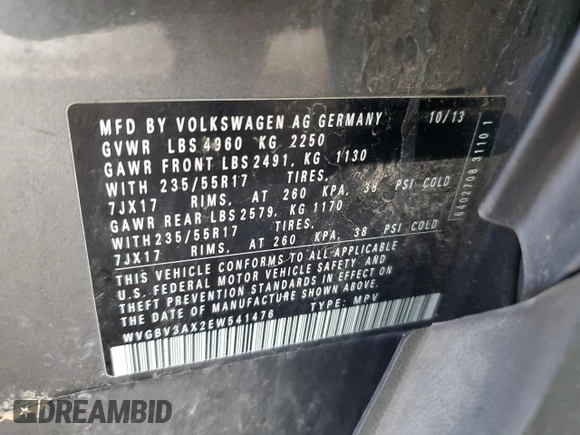 2014 Volkswagen Tiguan SEL with VIN WVGBV3AX2EW541476, listed as a Copart auction lot 64817795 with 158,032 mi miles and Salvage title. Bid and sale history available at DreamBid. Image 14.