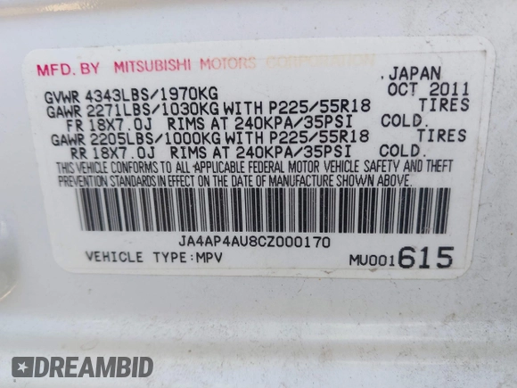2012 Mitsubishi Outlander Sport SE with VIN JA4AP4AU8CZ000170, listed as a IAAI auction lot 41636634 with 182,664 mi miles. Bid and sale history available at carsss.com. Image 9.