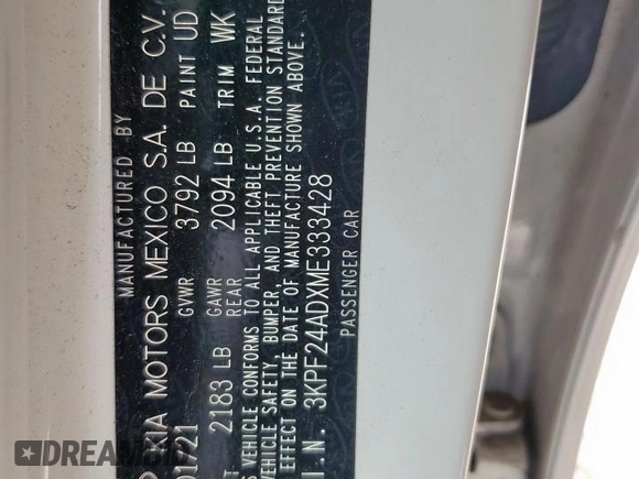 2021 Kia Forte LXS with VIN 3KPF24ADXME333428, listed as a Copart auction lot 57502815 with Not provided miles and Salvage title. Bid and sale history available at DreamBid. Image 12.