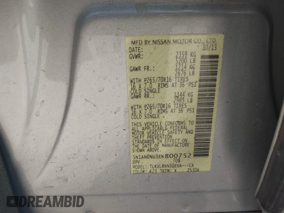 2014 Nissan Xterra S with VIN 5N1AN0NU3EN800752, listed as a IAAI auction lot 42093997 with 66,573 mi miles and . Bid and sale history available at DreamBid. Image 9.