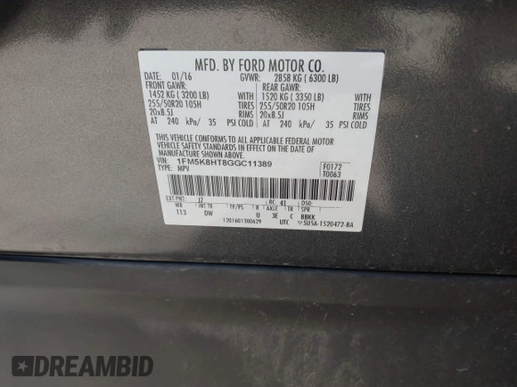2016 Ford Explorer Platinum с VIN 1FM5K8HT8GGC11389, выставлен на аукционе IAAI как лот 41628186 с пробегом 139 034 миль миль и . История ставок и продаж доступна на DreamBid. Изображение 9.
