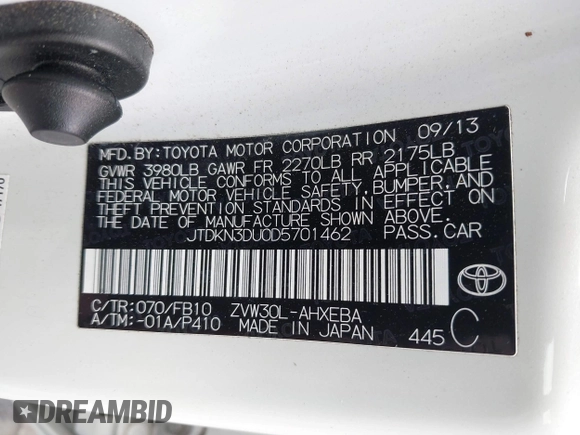 2013 Toyota Prius One with VIN JTDKN3DU0D5701462, listed as a IAAI auction lot 42068641 with 155,919 mi miles. Bid and sale history available at carsss.com. Image 9.