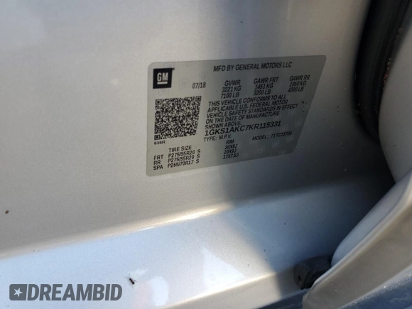 2019 GMC Yukon SLE with VIN 1GKS1AKC7KR115331, listed as a Copart auction lot 77385104 with 0 mi miles and Non Repairable. Bid and sale history available at carsss.com. Image 14.