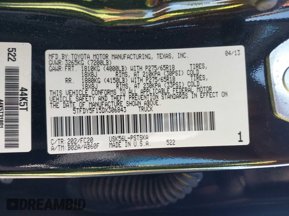 2013 Toyota Tundra с VIN 5TFDY5F15DX306843, выставлен на аукционе IAAI как лот 41586329 с пробегом 75 949 миль миль и . История ставок и продаж доступна на DreamBid. Изображение 9.
