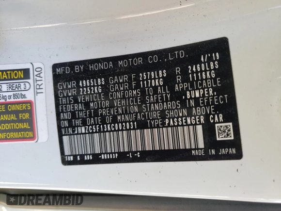 2019 Honda Clarity Plug-In Hybrid with VIN JHMZC5F13KC002031, listed as a Copart auction lot 49416264 with 44,365 mi miles. Bid and sale history available at carsss.com. Image 15.