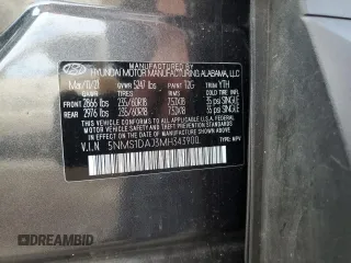 2021 Hyundai Santa Fe SE with VIN 5NMS1DAJ3MH343900, listed as a Copart auction lot 63638775 with 36,431 mi miles and Salvage title. Bid and sale history available at DreamBid. Image 14.