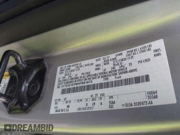 2017 Ford F-150 XL with VIN 1FTEW1EP8HFB61673, listed as a IAAI auction lot 41226988 with 123,969 mi miles and . Bid and sale history available at DreamBid. Image 9.