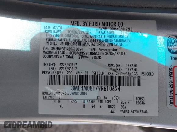 2009 Mercury Milan Premier с VIN 3MEHM08179R610624, выставлен на аукционе IAAI как лот 41967291 с пробегом 208 289 миль миль и . История ставок и продаж доступна на DreamBid. Изображение 9.