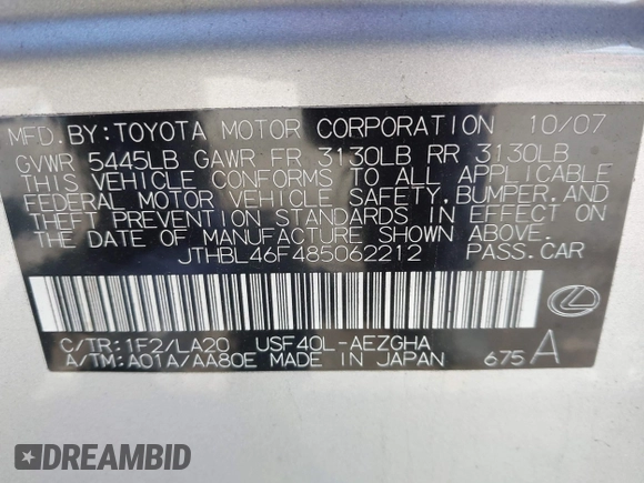2008 Lexus LS 460 with VIN JTHBL46F485062212, listed as a IAAI auction lot 41996871 with 125,531 mi miles and . Bid and sale history available at DreamBid. Image 9.