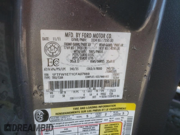 2012 Ford F-150 XL with VIN 1FTFW1ET1CFA07669, listed as a Copart auction lot 45859944 with 126,683 mi miles and Salvage Title. Bid and sale history available at carsss.com. Image 12.