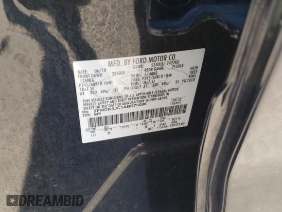 2010 Ford Edge SEL with VIN 2FMDK3JC1ABB76086, listed as a Copart auction lot 49347305 with 76,787 mi miles and Salvage Title. Bid and sale history available at carsss.com. Image 15.