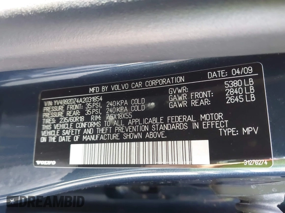 2010 Volvo XC60 3.0T with VIN YV4992DZ4A2031854, listed as a IAAI auction lot 40460242 with 199,758 mi miles. Bid and sale history available at carsss.com. Image 9.