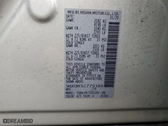 2020 Nissan Rogue SL with VIN 5N1AT2MT3LC779386, listed as a Copart auction lot 44698465 with 64,536 mi miles and Salvage Title. Bid and sale history available at carsss.com. Image 14.