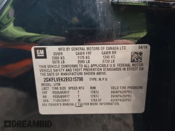 2014 GMC Terrain SLE with VIN 2GKFLVEK2E6315796, listed as a Copart auction lot 48759655 with 220,249 mi miles and Clean Title. Bid and sale history available at carsss.com. Image 13.