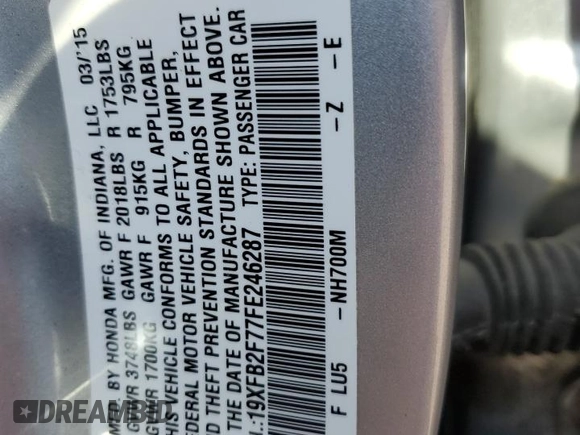 2015 Honda Civic SE z VIN 19XFB2F77FE246287, wystawiony jako Copart lot #56476495 z przebiegiem 218 009 mil mil oraz Szkoda całkowita • Salvage title. Historia ofert i sprzedaży dostępna na DreamBid. Obrazek 12.
