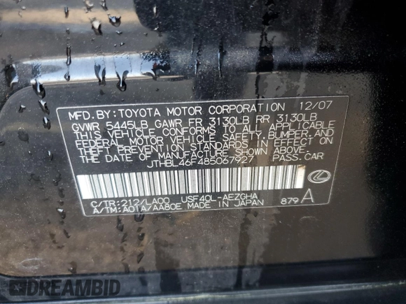 2008 Lexus LS 460 with VIN JTHBL46F485067927, listed as a Copart auction lot 52047645 with 177,648 mi miles and Salvage title. Bid and sale history available at DreamBid. Image 12.