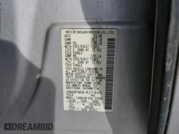 2006 Nissan Frontier Nismo z VIN 1N6AD07W16C427405, wystawiony jako Copart lot #43998685 z przebiegiem 113 227 mil mil oraz Szkoda całkowita • Salvage title. Historia ofert i sprzedaży dostępna na DreamBid. Obrazek 12.