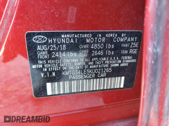 2019 Genesis G70 Advanced with VIN KMTG34LE5KU021265, listed as a Copart auction lot 48575855 with 52,650 mi miles and Salvage Title. Bid and sale history available at carsss.com. Image 12.