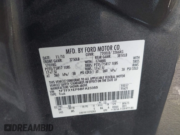 2011 Ford F-150 XL with VIN 1FTFX1EF6BFA23355, listed as a IAAI auction lot 42626850 with 206,755 mi miles and . Bid and sale history available at DreamBid. Image 9.