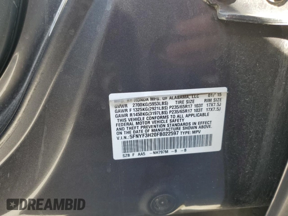 2015 Honda Pilot LX with VIN 5FNYF3H20FB022597, listed as a Copart auction lot 44202955 with 118,519 mi miles and Salvage Title. Bid and sale history available at carsss.com. Image 14.