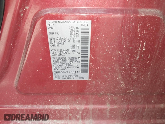 2014 Nissan Pathfinder SV with VIN 5N1AR2MM6EC703140, listed as a IAAI auction lot 42020415 with 127,620 mi miles. Bid and sale history available at carsss.com. Image 9.