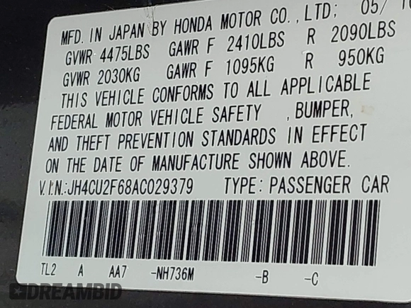 2010 Acura TSX with VIN JH4CU2F68AC029379, listed as a IAAI auction lot 42060753 with 156,105 mi miles. Bid and sale history available at carsss.com. Image 9.