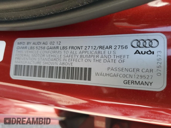 2012 Audi A6 Prestige with VIN WAUHGAFC0CN129527, listed as a Copart auction lot 61984595 with 264,974 mi miles and Salvage title. Bid and sale history available at DreamBid. Image 12.