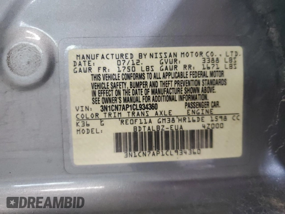 2012 Nissan Versa SV с VIN 3N1CN7AP1CL934360, выставлен на аукционе Copart как лот 60759455 с пробегом 186 716 миль миль и Чистый • Clean title. История ставок и продаж доступна на DreamBid. Изображение 12.