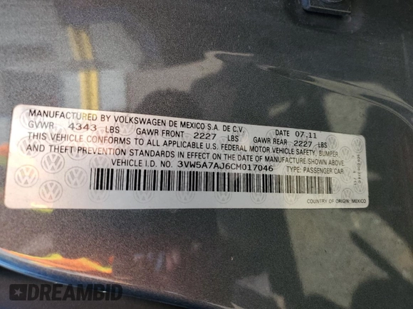 2012 Volkswagen Jetta GLI Autobahn с VIN 3VW5A7AJ6CM017046, выставлен на аукционе Copart как лот 54097865 с пробегом 94 844 миль миль и Списание • Salvage title. История ставок и продаж доступна на DreamBid. Изображение 12.