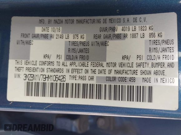 2017 Mazda 3 Touring with VIN 3MZBN1V79HM106426, listed as a IAAI auction lot 42390096 with 181,555 mi miles and . Bid and sale history available at DreamBid. Image 9.