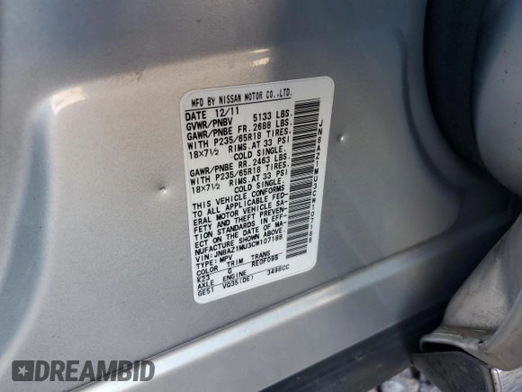 2012 Nissan Murano S with VIN JN8AZ1MU3CW107188, listed as a Copart auction lot 50656075 with 120,583 mi miles and Salvage Title. Bid and sale history available at carsss.com. Image 15.