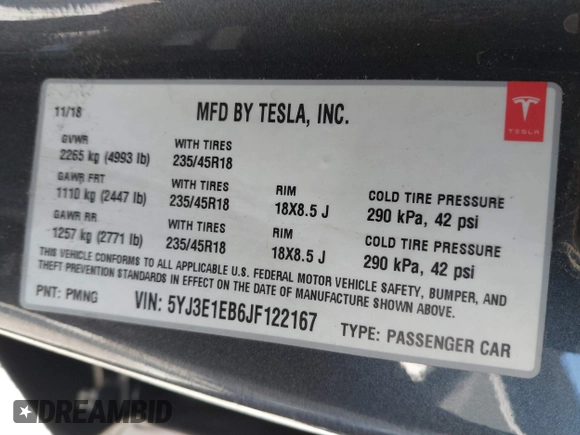 2018 Tesla Model 3 Long Range Battery with VIN 5YJ3E1EB6JF122167, listed as a IAAI auction lot 41761710 with 76,199 mi miles and . Bid and sale history available at DreamBid. Image 9.