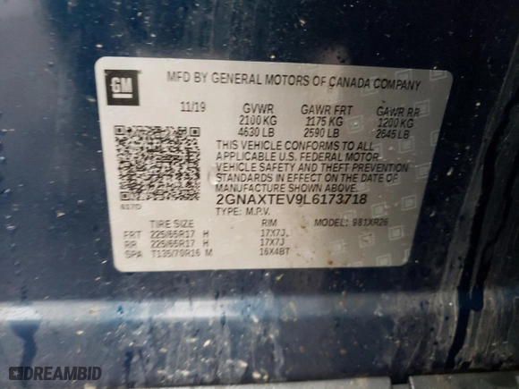 2020 Chevrolet Equinox LT with VIN 2GNAXTEV9L6173718, listed as a Copart auction lot 50828805 with 88,720 mi miles and Salvage Title. Bid and sale history available at carsss.com. Image 13.