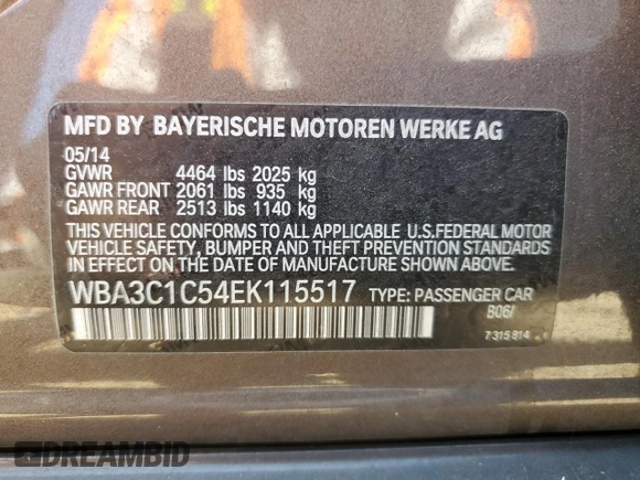 2014 BMW 3 Series 328i with VIN WBA3C1C54EK115517, listed as a Copart auction lot 52982655 with 63,203 mi miles and Salvage Title. Bid and sale history available at carsss.com. Image 12.