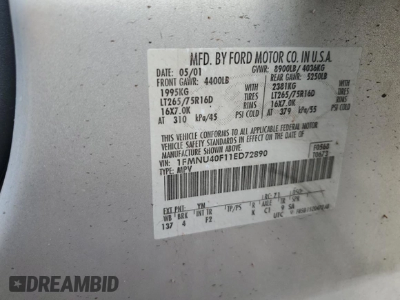 2001 Ford Excursion XLT z VIN 1FMNU40F11ED72890, wystawiony jako Copart lot #68567164 z przebiegiem 331 747 mil mil oraz Szkoda całkowita • Salvage title. Historia ofert i sprzedaży dostępna na DreamBid. Obrazek 14.