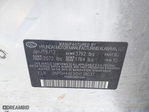 2012 Hyundai Elantra GLS with VIN 5NPDH4AE5CH138037, listed as a IAAI auction lot 41495443 with 143,228 mi miles. Bid and sale history available at carsss.com. Image 9.
