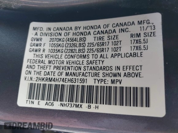 2014 Honda CR-V EX-L with VIN 2HKRM4H74EH631591, listed as a IAAI auction lot 41773777 with 159,733 mi miles. Bid and sale history available at carsss.com. Image 9.