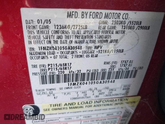 2005 Ford Freestyle SE with VIN 1FMZK04105GA30548, listed as a IAAI auction lot 41422368 with 258,791 mi miles. Bid and sale history available at carsss.com. Image 9.