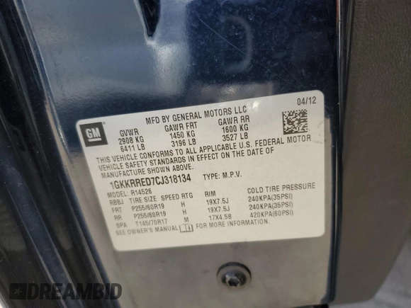 2012 GMC Acadia SLT1 with VIN 1GKKRRED7CJ318134, listed as a Copart auction lot 48685435 with 148,904 mi miles and Salvage Title. Bid and sale history available at carsss.com. Image 13.