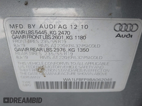 2011 Audi Q5 Premium Plus z VIN WA1LFBFP9BA062046, wystawiony jako IAAI lot #41671606 z przebiegiem 197 488 mil mil oraz . Historia ofert i sprzedaży dostępna na DreamBid. Obrazek 9.