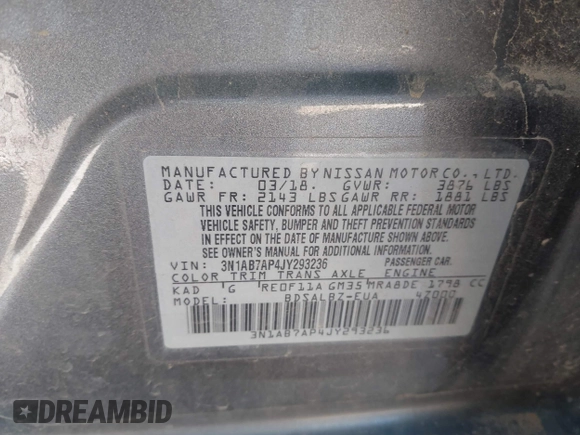 2018 Nissan Sentra S z VIN 3N1AB7AP4JY293236, wystawiony jako IAAI lot #41546252 z przebiegiem 110 527 mil mil oraz . Historia ofert i sprzedaży dostępna na DreamBid. Obrazek 9.