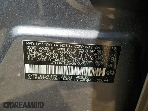 2019 Lexus IS 300 with VIN JTHBA1D26K5092761, listed as a Copart auction lot 52894365 with 74,098 mi miles and Salvage title. Bid and sale history available at DreamBid. Image 14.