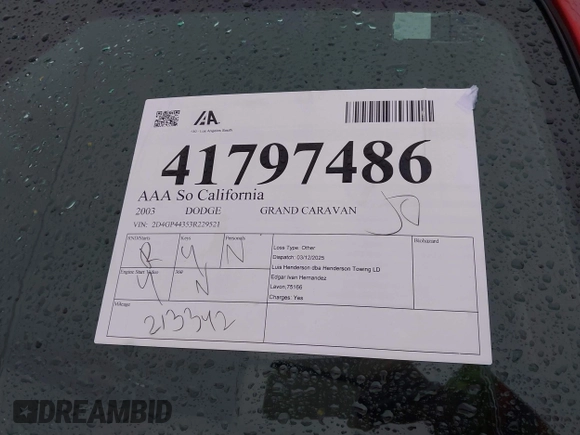 2003 Dodge Grand Caravan with VIN 2D4GP44353R229521, listed as a IAAI auction lot 41797486 with 213,342 mi miles and . Bid and sale history available at DreamBid. Image 12.