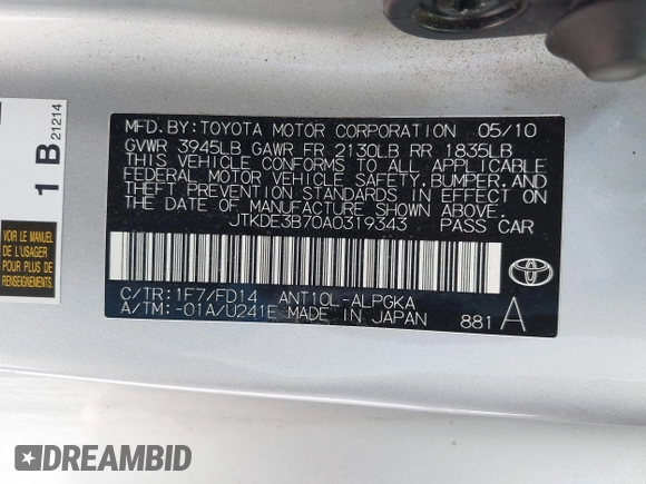 2010 Scion tC with VIN JTKDE3B70A0319343, listed as a IAAI auction lot 41985804 with 133,595 mi miles. Bid and sale history available at carsss.com. Image 9.