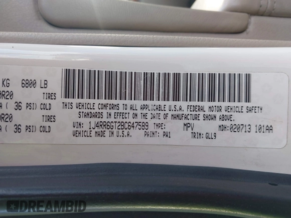 2011 Jeep Grand Cherokee Overland with VIN 1J4RR6GT2BC647589, listed as a IAAI auction lot 42603134 with 153,570 mi miles and . Bid and sale history available at DreamBid. Image 9.