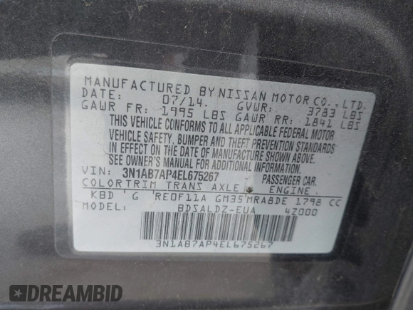 2014 Nissan Sentra SV z VIN 3N1AB7AP4EL675267, wystawiony jako IAAI lot #42306480 z przebiegiem 161 552 mil mil oraz . Historia ofert i sprzedaży dostępna na DreamBid. Obrazek 9.
