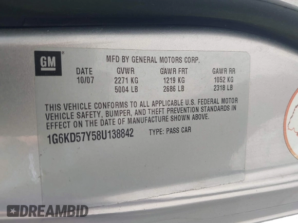 2008 Cadillac DTS 1SC with VIN 1G6KD57Y58U138842, listed as a IAAI auction lot 42113391 with 95,538 mi miles and . Bid and sale history available at carsss.com. Image 9.