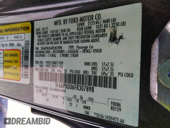 2015 Ford Fusion S Hybrid with VIN 3FA6P0UU6FR307898, listed as a IAAI auction lot 41717200 with 177,735 mi miles. Bid and sale history available at carsss.com. Image 9.